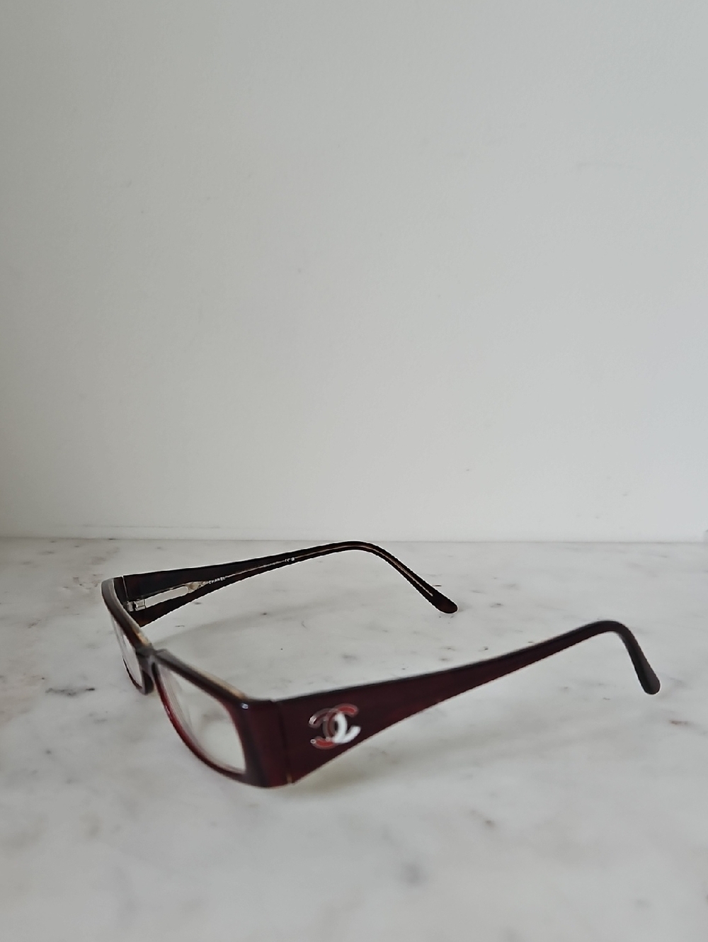 CHANEL: 3094 Burgundy Logo Rectangular Eyeglasses